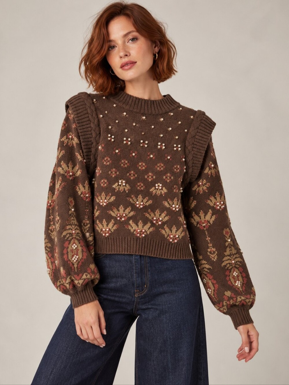 &merci Pearl Embellished Fair Isle Floral Ruffle Sweater Brown Small